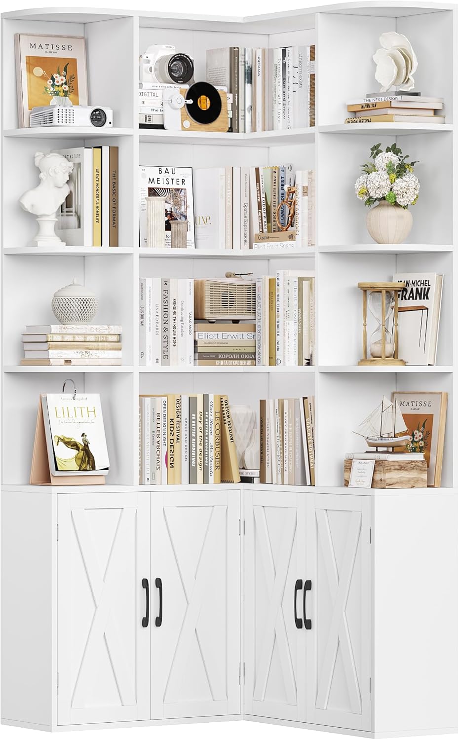 FirFurd 187cm Bücherregal mit Türen Eckregal mit 12 Fächern L-förmiger Bücherschrank Vitrinenschrank aus Holz Hochschrank Regal mit Türen für Wohnzimmer Arbeitszimmer Büro Küche 187 x 80 x 80cm Weiß
