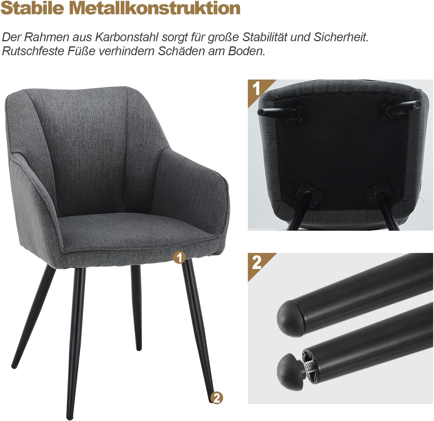 CLIPOP Esszimmerstühle 2er Set Leinen Küchenstuhl Polsterstuhl mit Armlehne und Metall Beine, Retro Design Armlehnstuhl Sessel für Wohnzimmer Esszimmer (2er, Leinen Dunkelgrau)