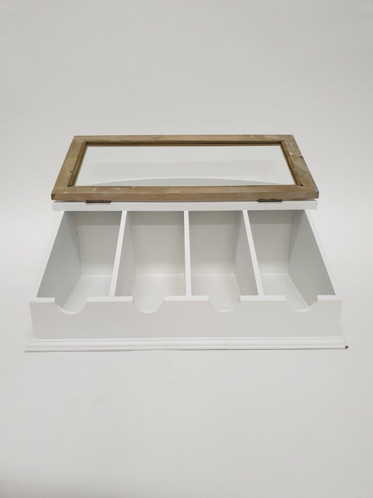 Besteckkasten PROVENCE - weiß-holzfarben - mit Glasdeckel