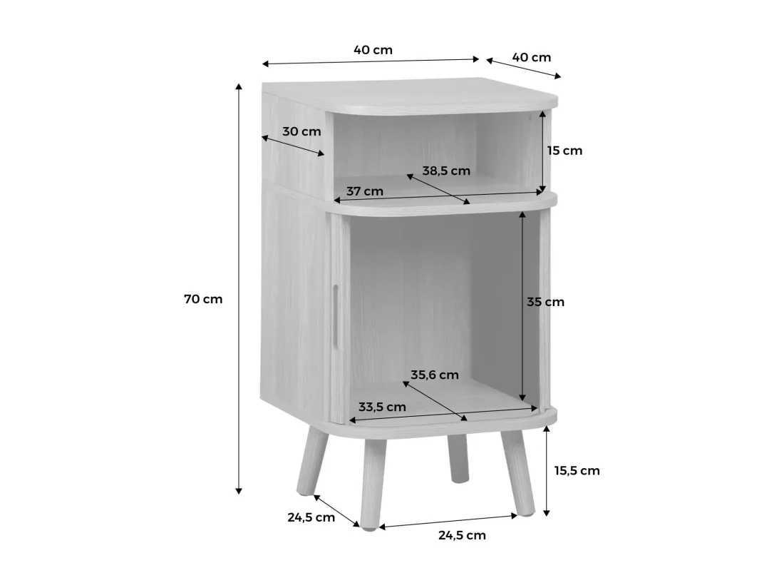 Table de chevet 2 portes coulissantes + 1 niche effet bois rainuré. L 40 x P 40 x H 70cm