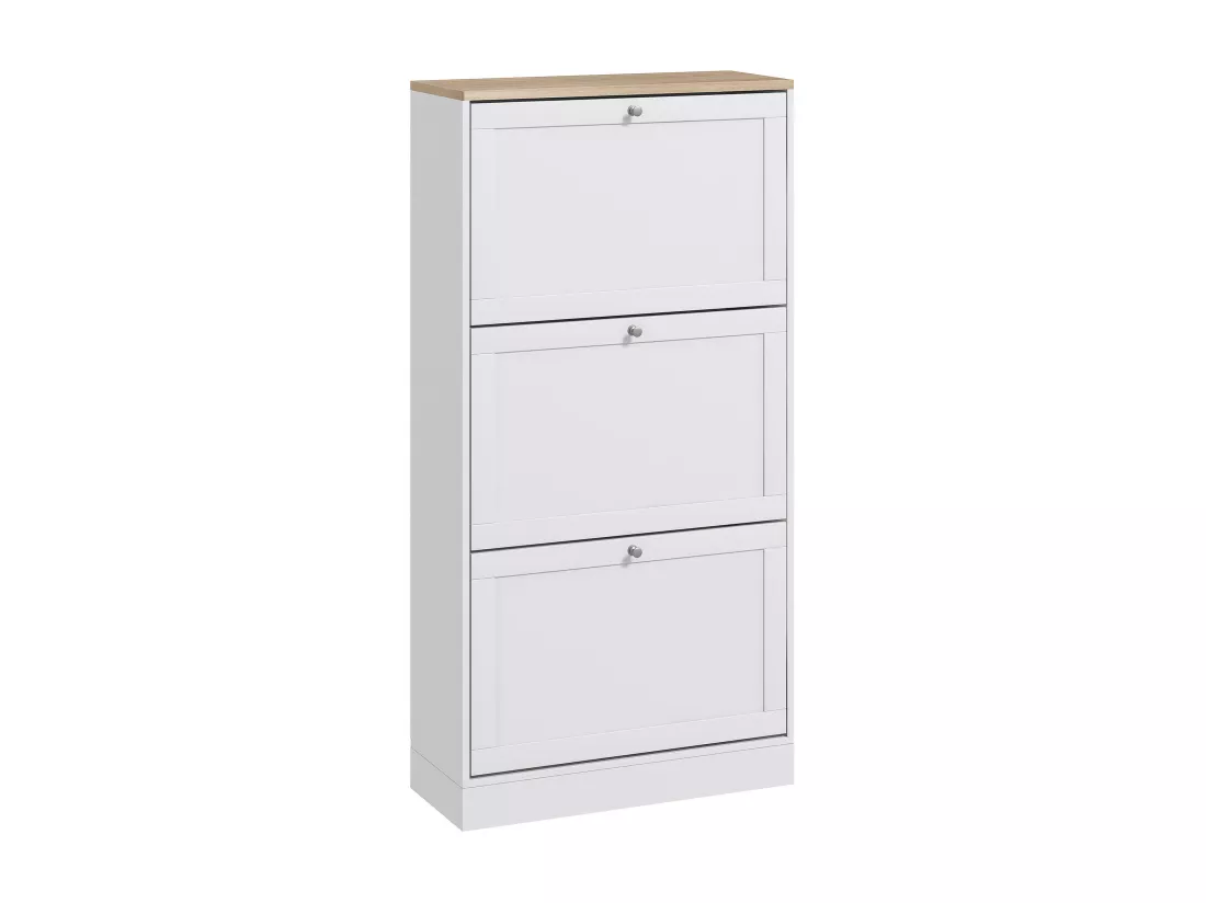 Armoire à chaussures 3 portes abattantes 2 compartiments panneaux particules blanc aspect chêne clair