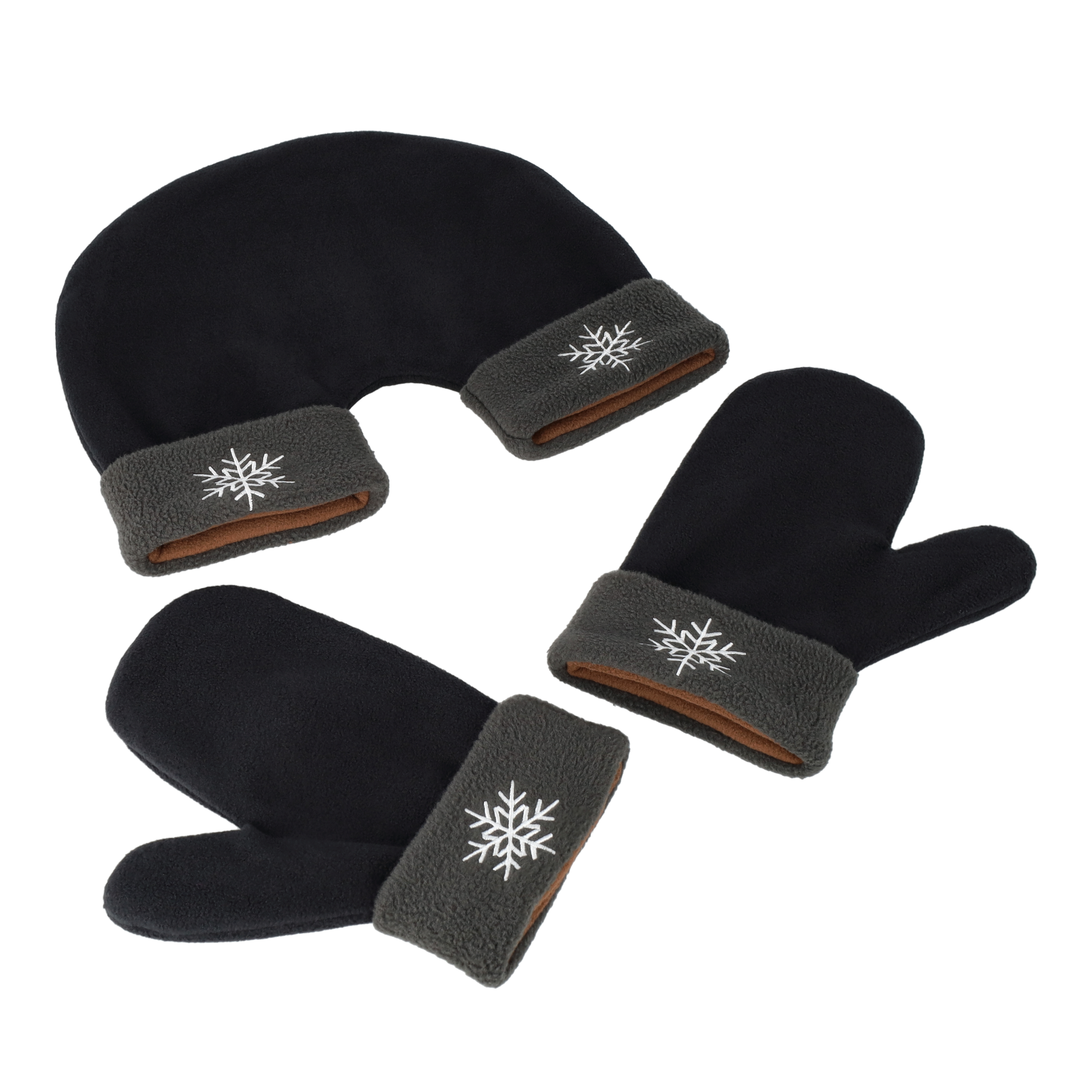 (3-tlg. Set) Kuschlige Fleece Love Winter Handschuhe Fäustlinge für Verliebte / Liebespaar (One Size) - Schwarz / Grau