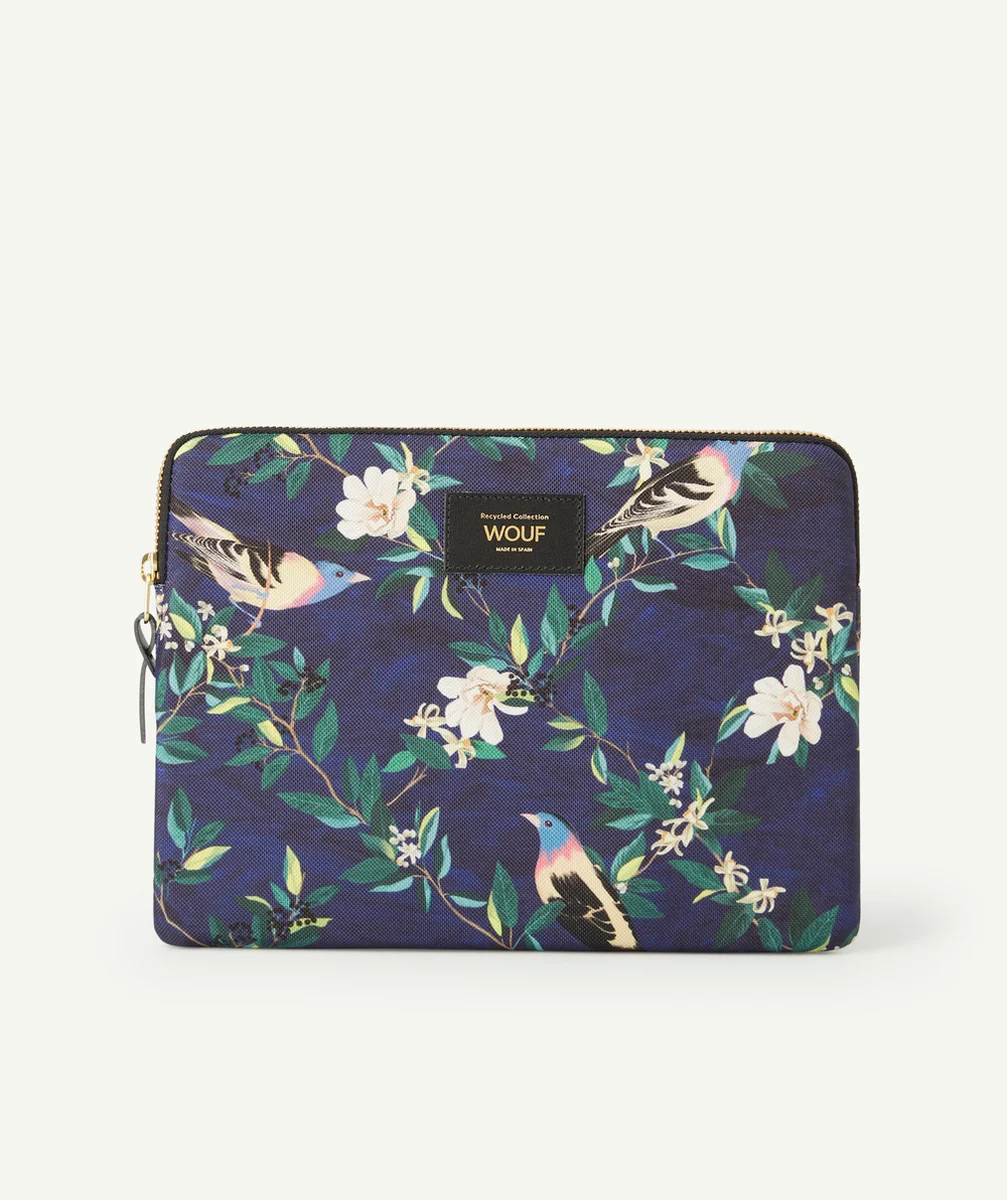 WOUFHOUSSE POUR TABLETTE EN FIBRES RECYCLÉES BLEUE ET IMPRIMÉE OISEAUX
