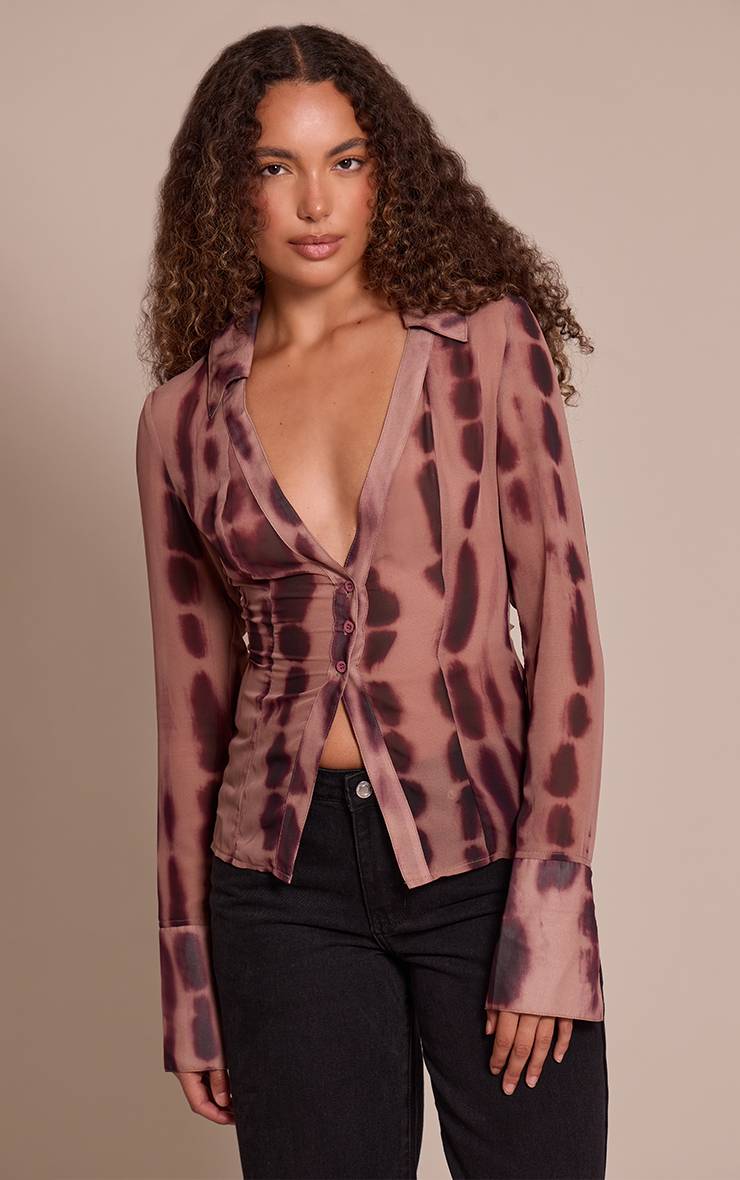 Taupe Chemisier Tall En Mesh Avec Boutonnage Devant