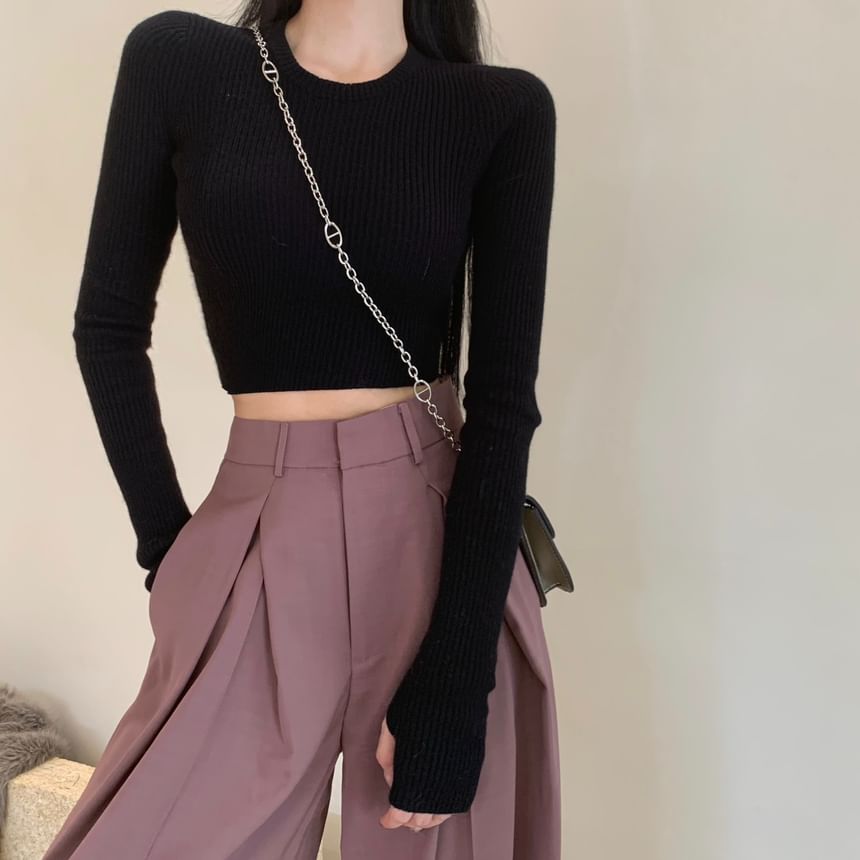 Adoree - Lange mouwen ronde hals effen geribbelde crop top