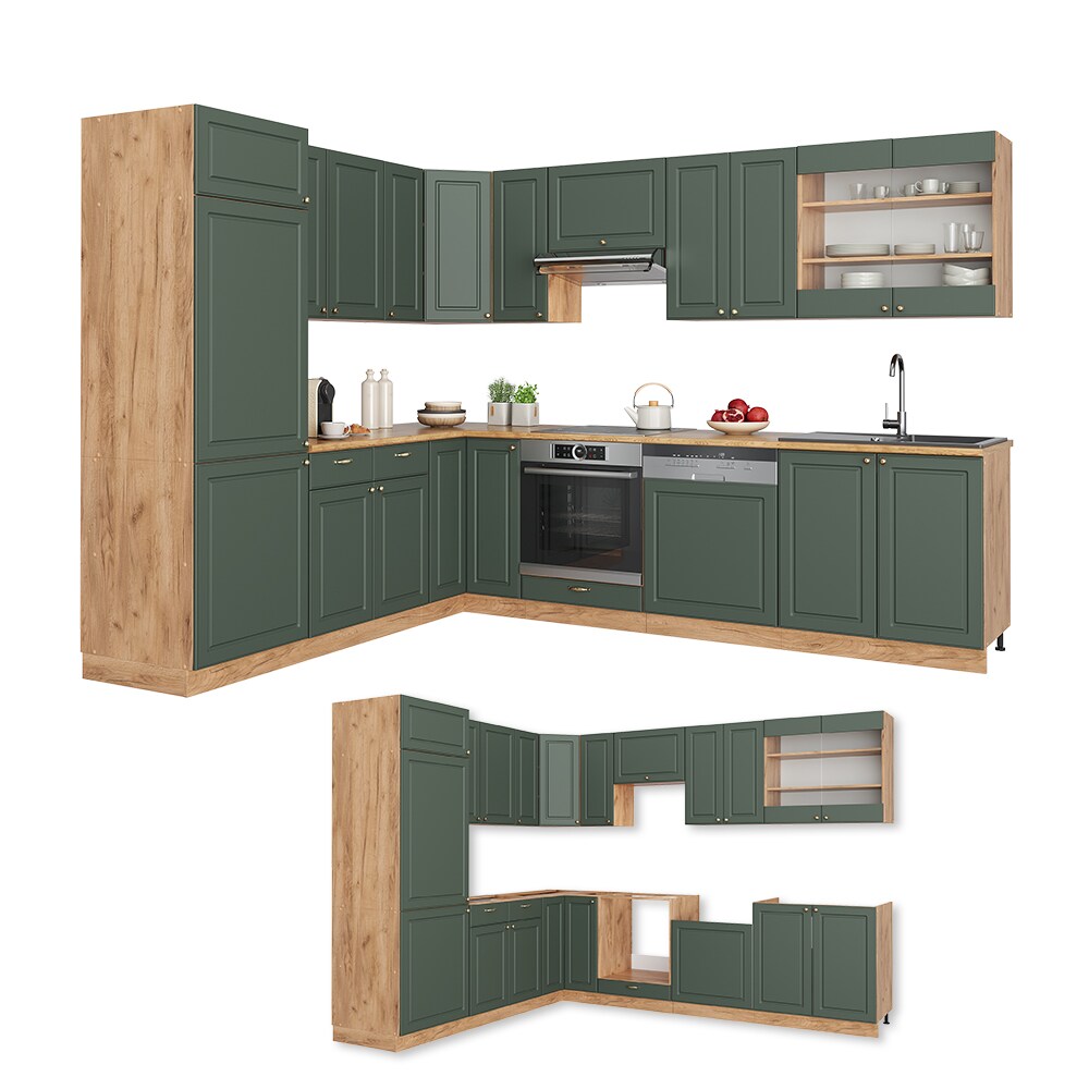 Vicco Eckküche Küchenzeile Einbauküche Fame-Line Landhaus Eiche Grün Gold227x287 cm Spülenunterschrank Schubunterschrank Eckunterschrank Herdumbauschrank Hängeschrank Kühlumbauschrank