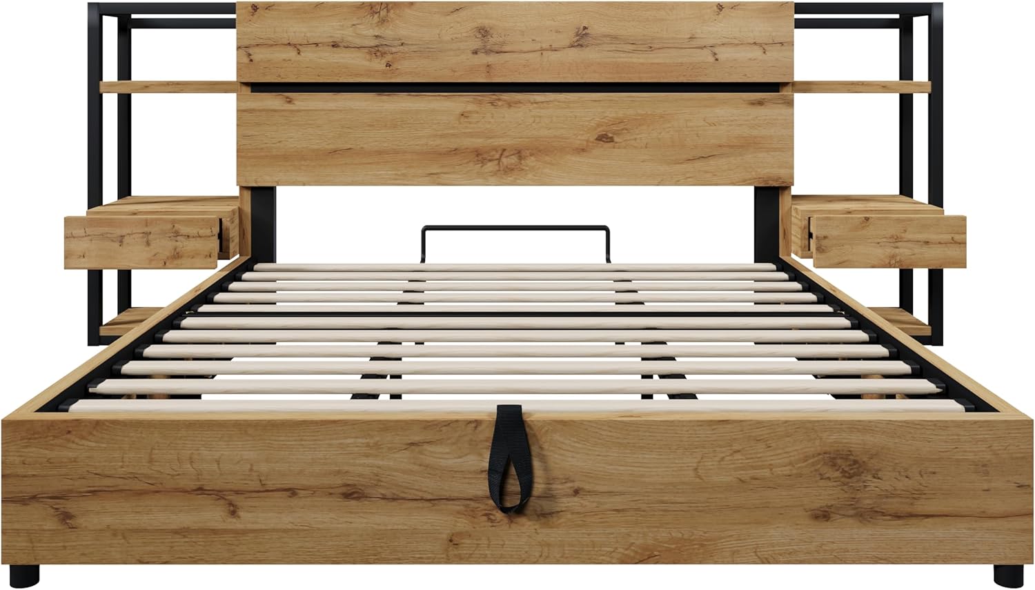 Doppelbett Bettanlage 180x200 mit Nachttisch,Stauraum Kopfteil mit Schubladen und USB Type-C-Ladefunktion,Hydraulisch Stauraumbett Holzbett Bettgestell Jugendbett Erwachsenenbett,Ohne Matratze,Eiche