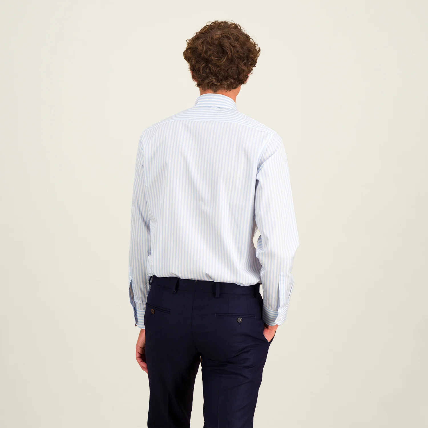 Double-twisted poplin shirt with sky blue and white stripes