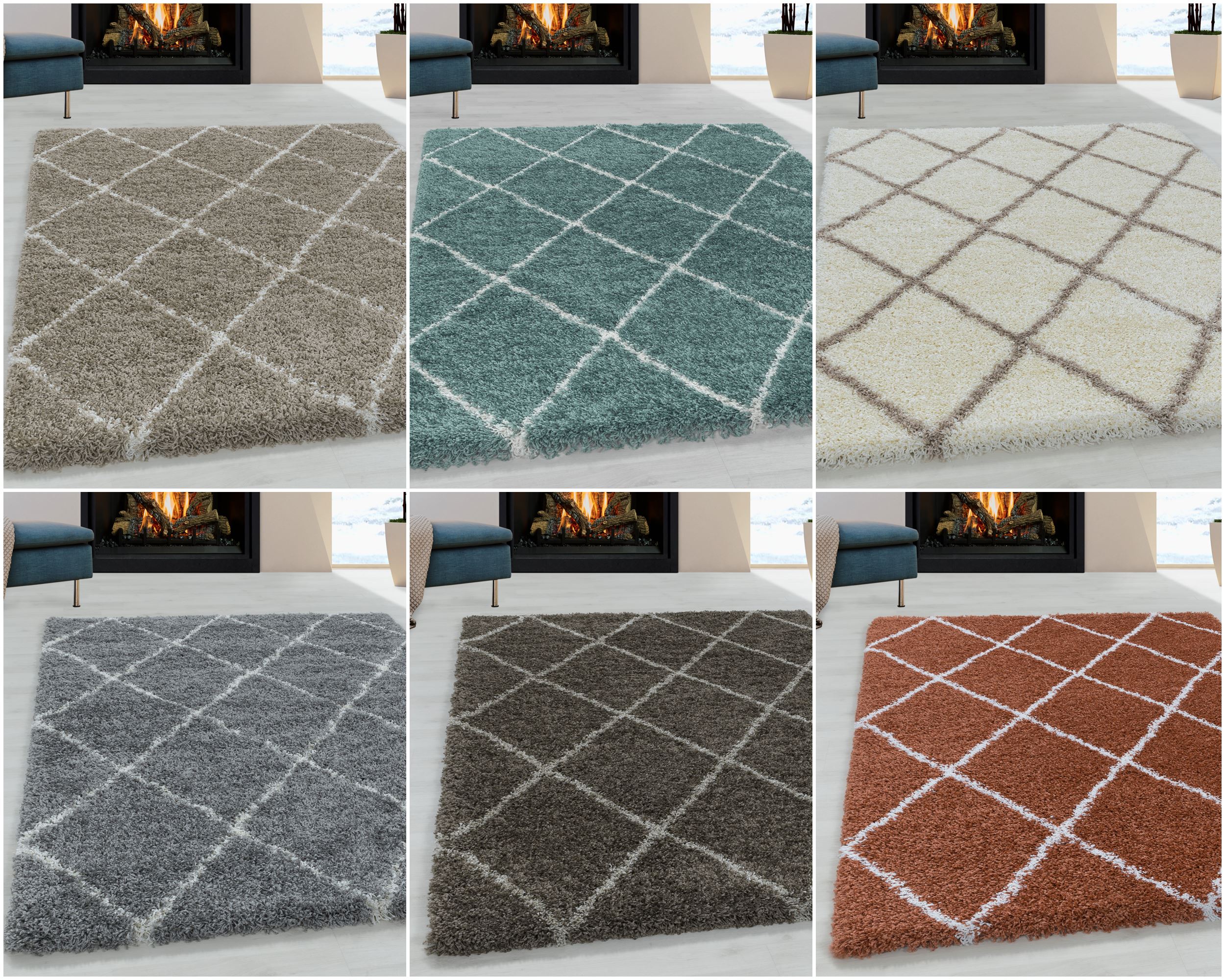 Moderner Hochflor Teppich, Skandinavischer Stil mit Rautenmuster, Shaggy Teppich