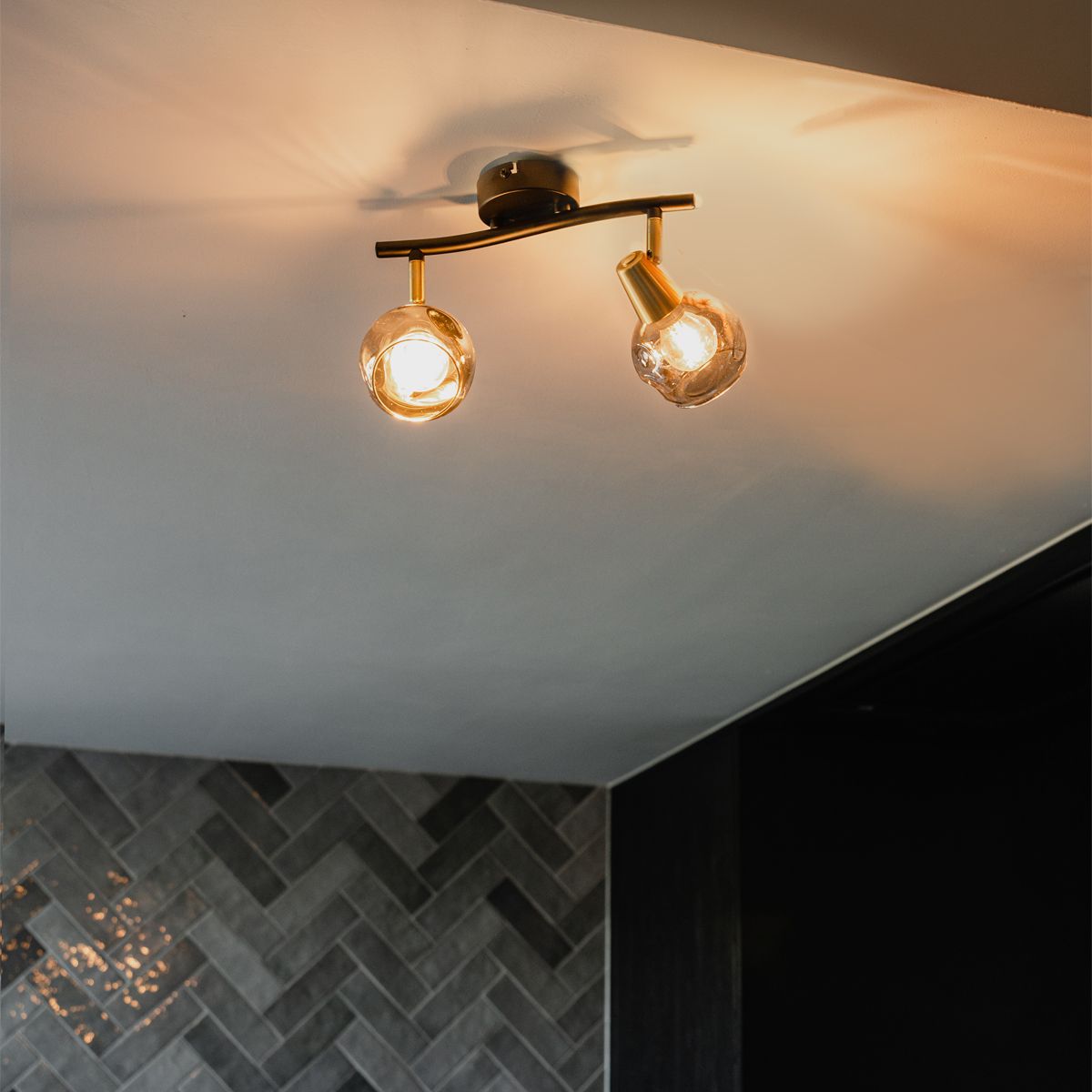 Plafondlamp zwart met messing en glas smoke 2-lichts - Vidro