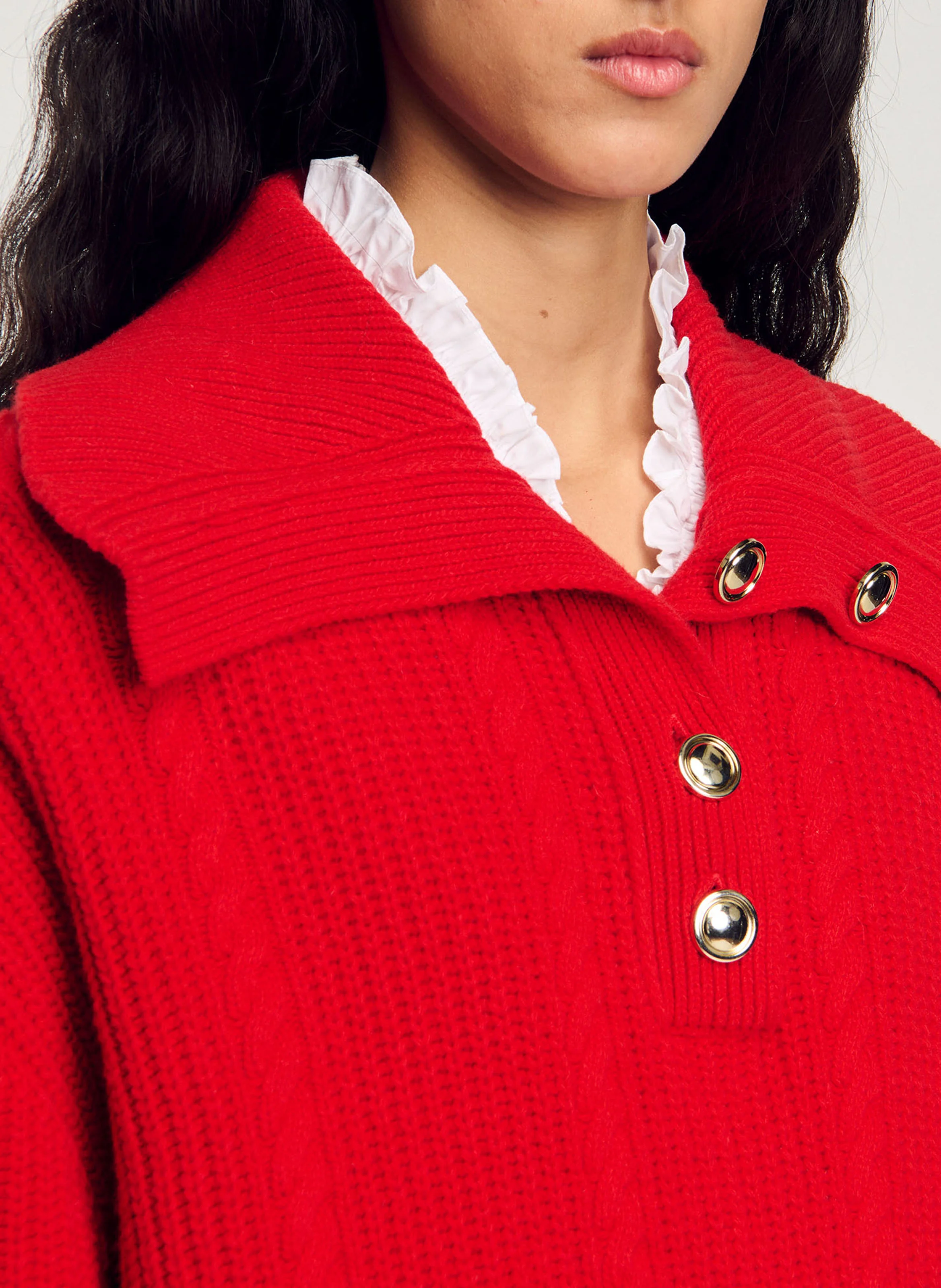 Pull à col boutonné en laine mélangée | Rouge