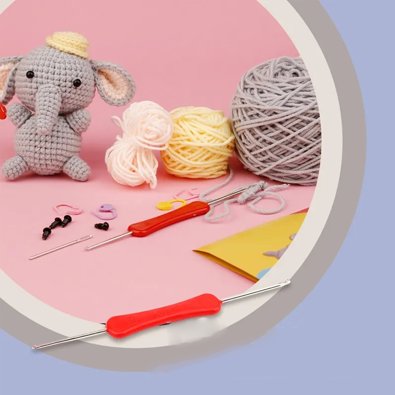 (17-tlg. Set) Häkel Handwerk Starter Kit DIY Mercerie Bastelkunst inkl. Wolle / Häkelnadel - Elefant