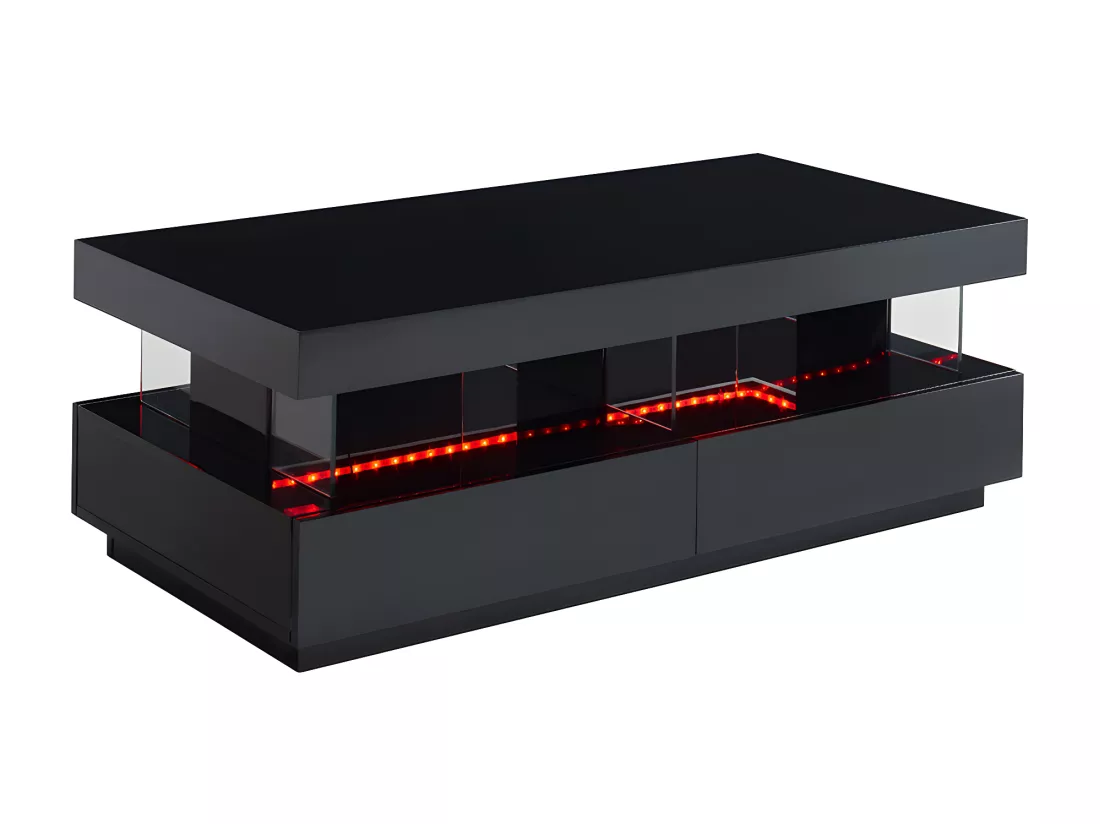 Table basse 2 tiroirs et 2 niches avec LEDs - MDF et verre trempé - Noir laqué - FABIO II