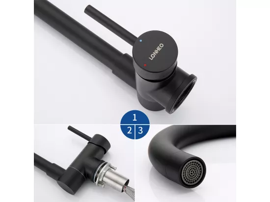 Lonheo Max Mitigeur Cuisine Rabattable Noir,Robinet Cuisine Pliable Contre Fenêtre en Acier Inox 304, Robinetterie Cuisine Pivotant à 360°,EU Modèle