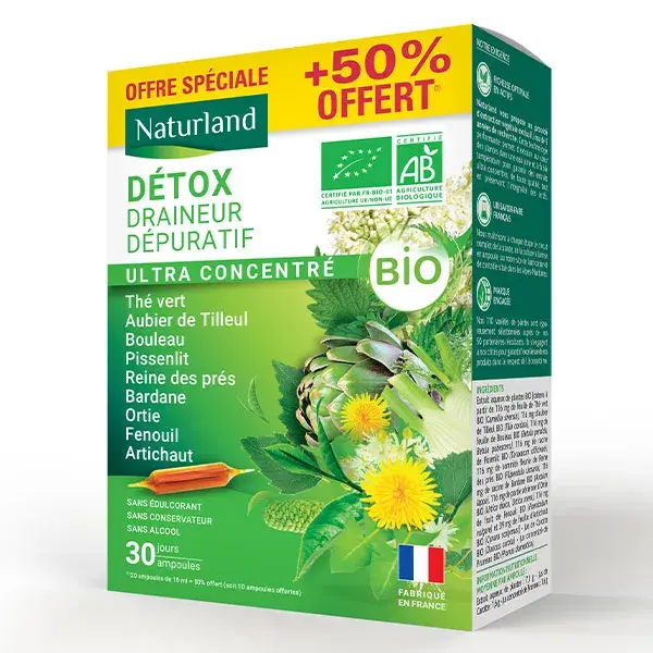 NATURLAND DETOX 9 PLANTES BIO 20 AMP.x10ML + 10 AMP. x 10ML OFFERTES