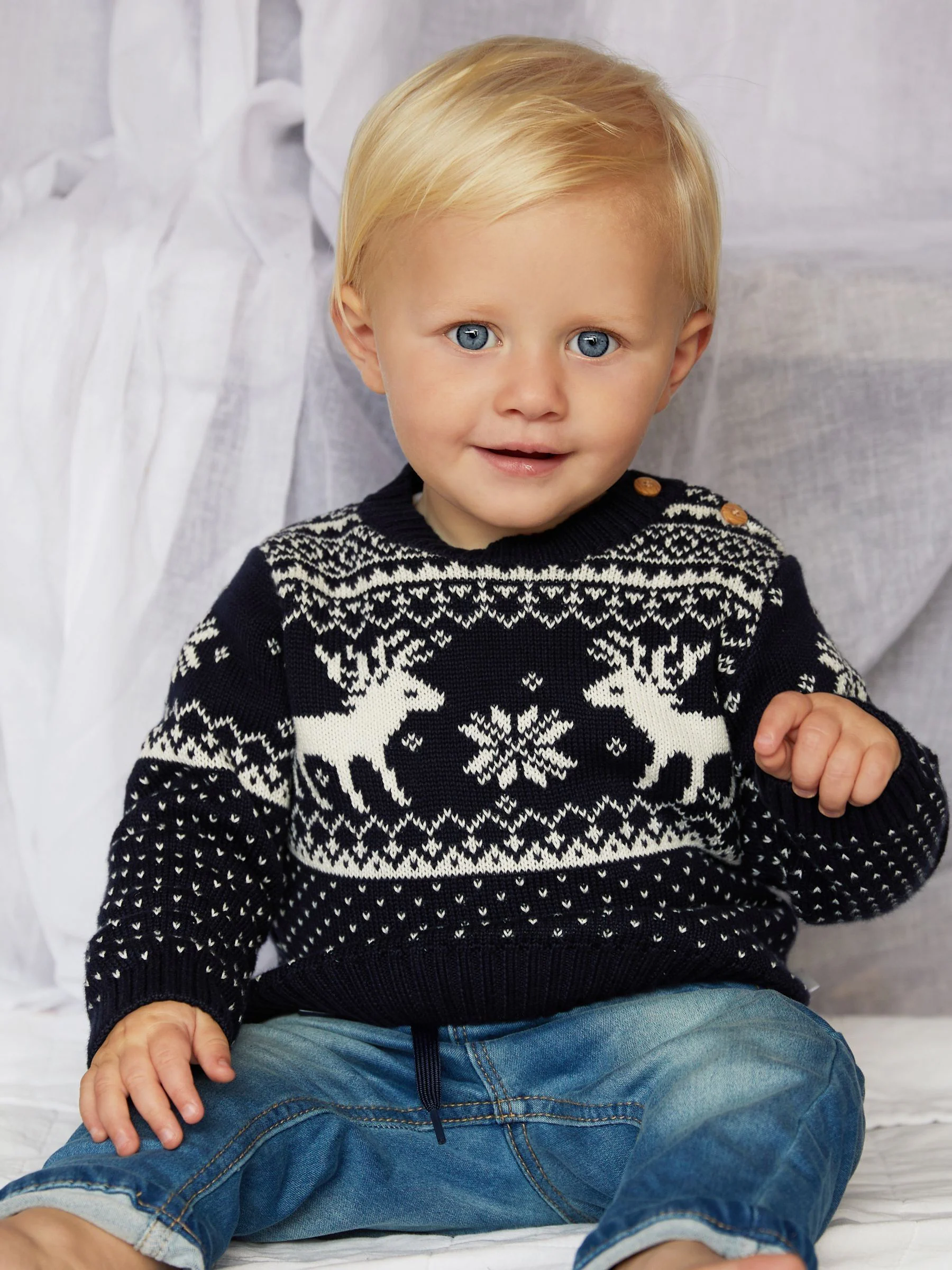 Marineblauw - Kersttrui voor baby's met rendieren en fairislepatroon
