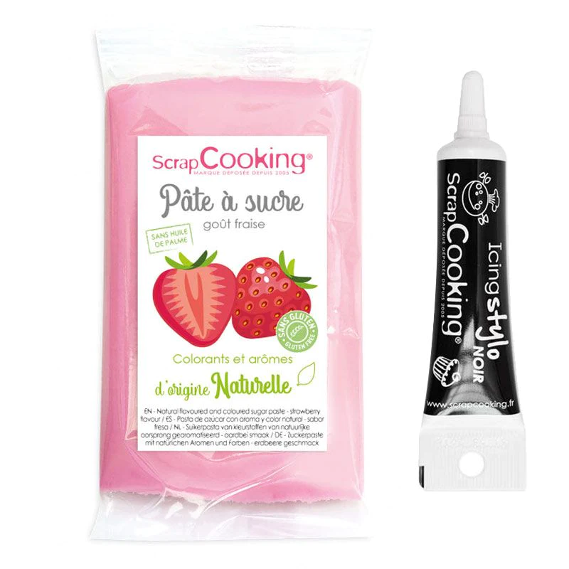 Pâte à sucre rose 250 g sans gluten arôme fraise + Stylo de glaçage no