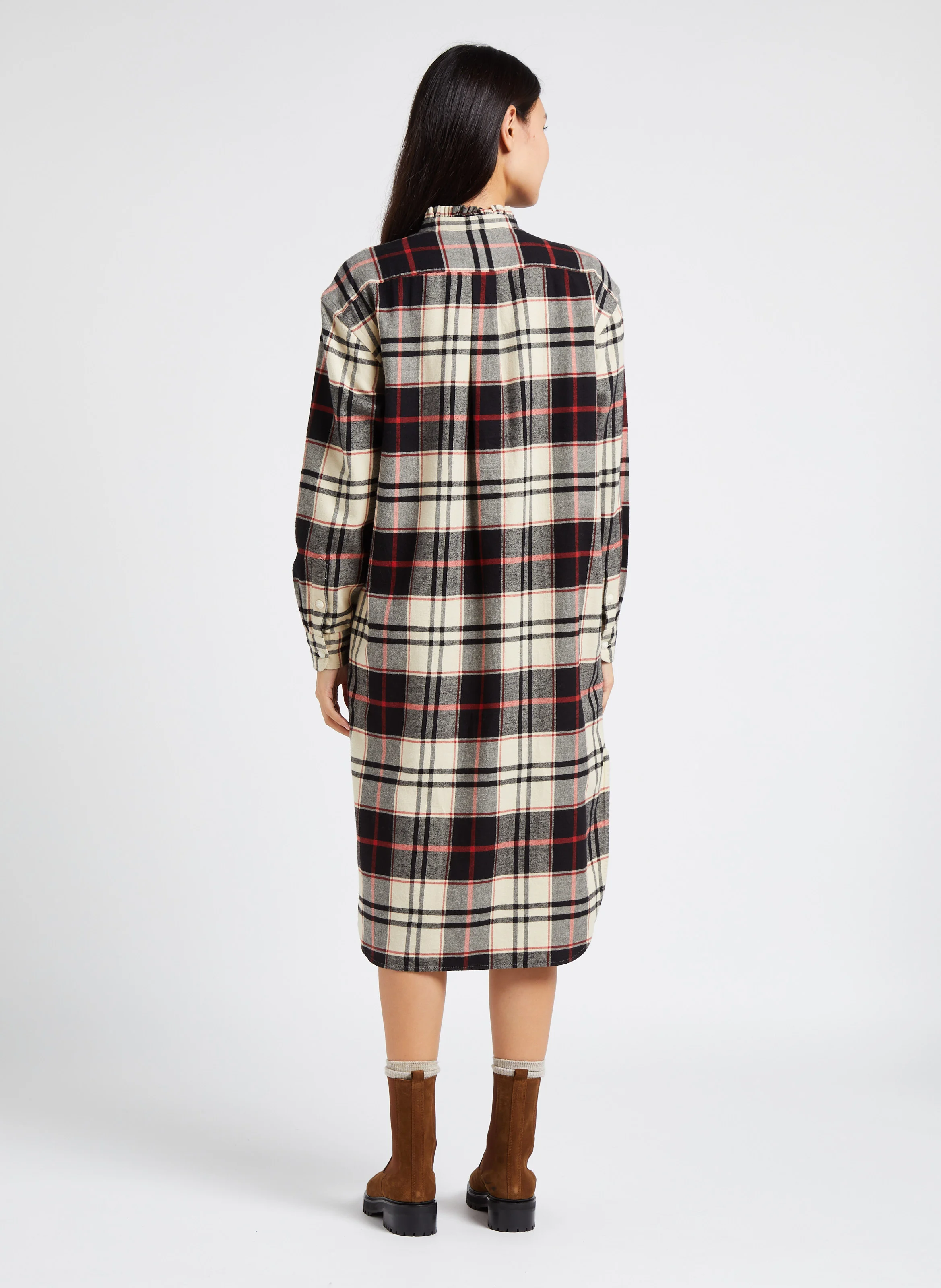 Robe chemise col mao à carreaux en coton | Multicolore