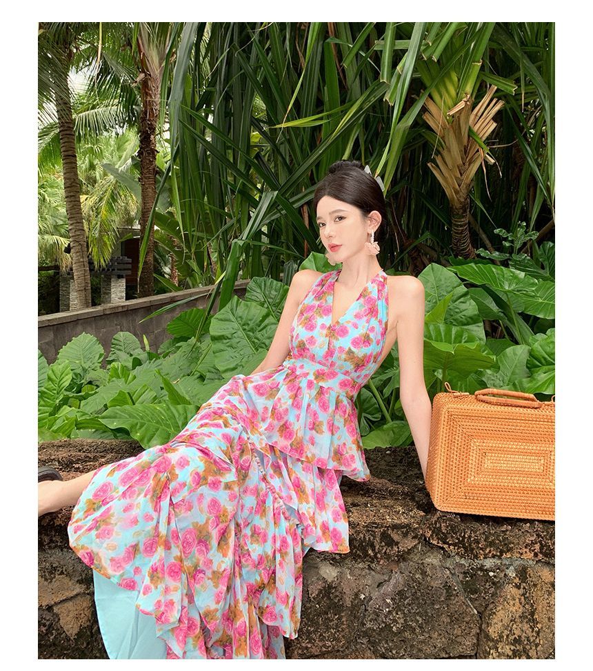Egsy - Halterjurk met bloemenprint en open rug, maxi-A-lijn