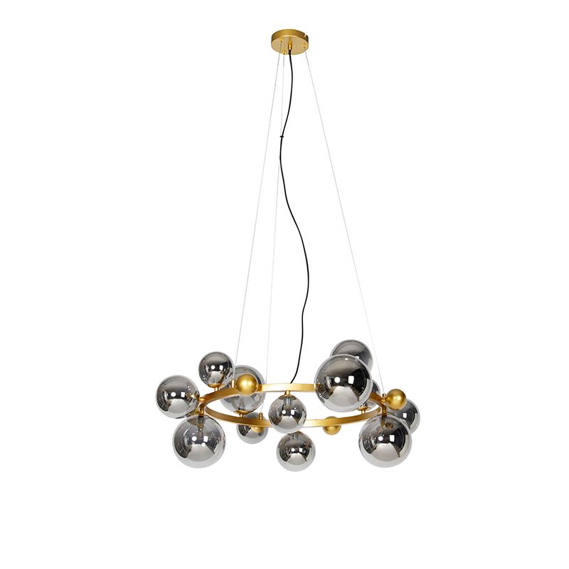 Art deco hanglamp goud met smoke glas 12-lichts - David