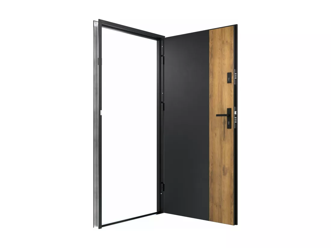 Porte d'entrée pleine en acier H207 x L100 cm - Noir et effet chêne - poussant gauche - MABENA
