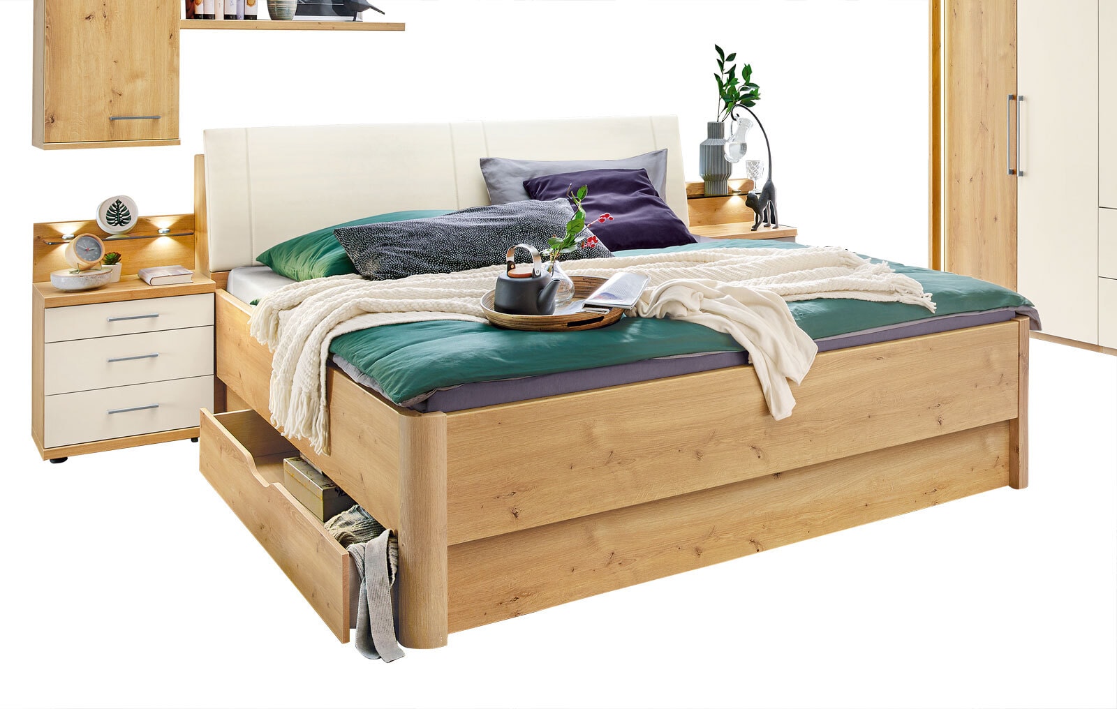 vito Bett KANADA 180 x 200 cm Eiche Bianco/ Lederlook Champagner