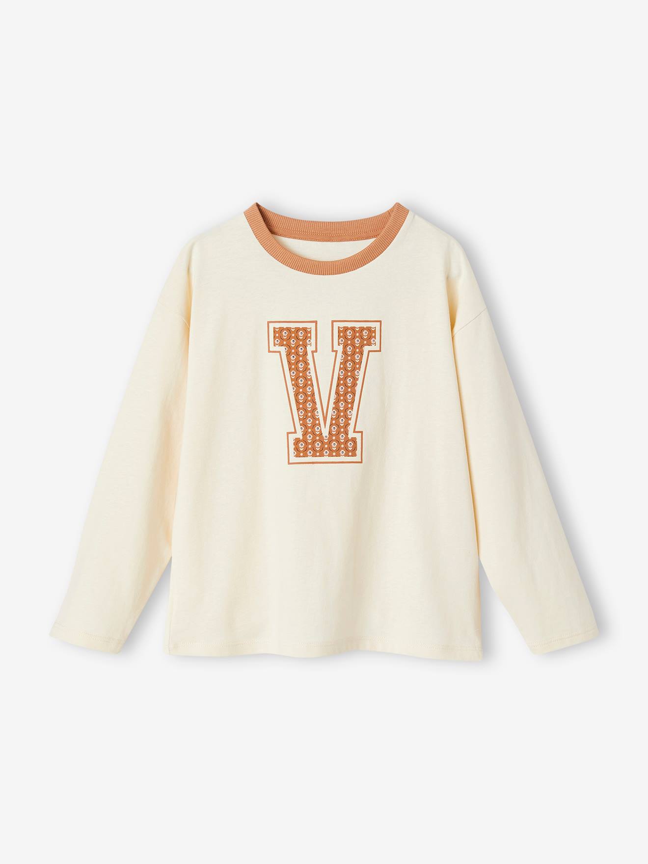 Camiseta de manga comprida cor baunilha com estampa floral de letras para meninas