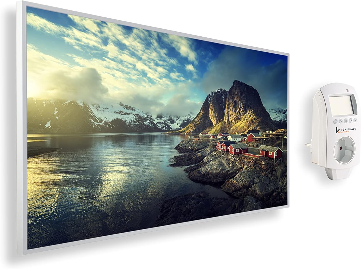 Könighaus Infrarotheizung mit Bild - 1000 Watt + Smart Thermostat & Könighaus APP - Energiesparende Infrarot Wandheizung mit Bildmotiv – TÜV SÜD - Weißer Rahmen (06. Aussicht Norwegen)