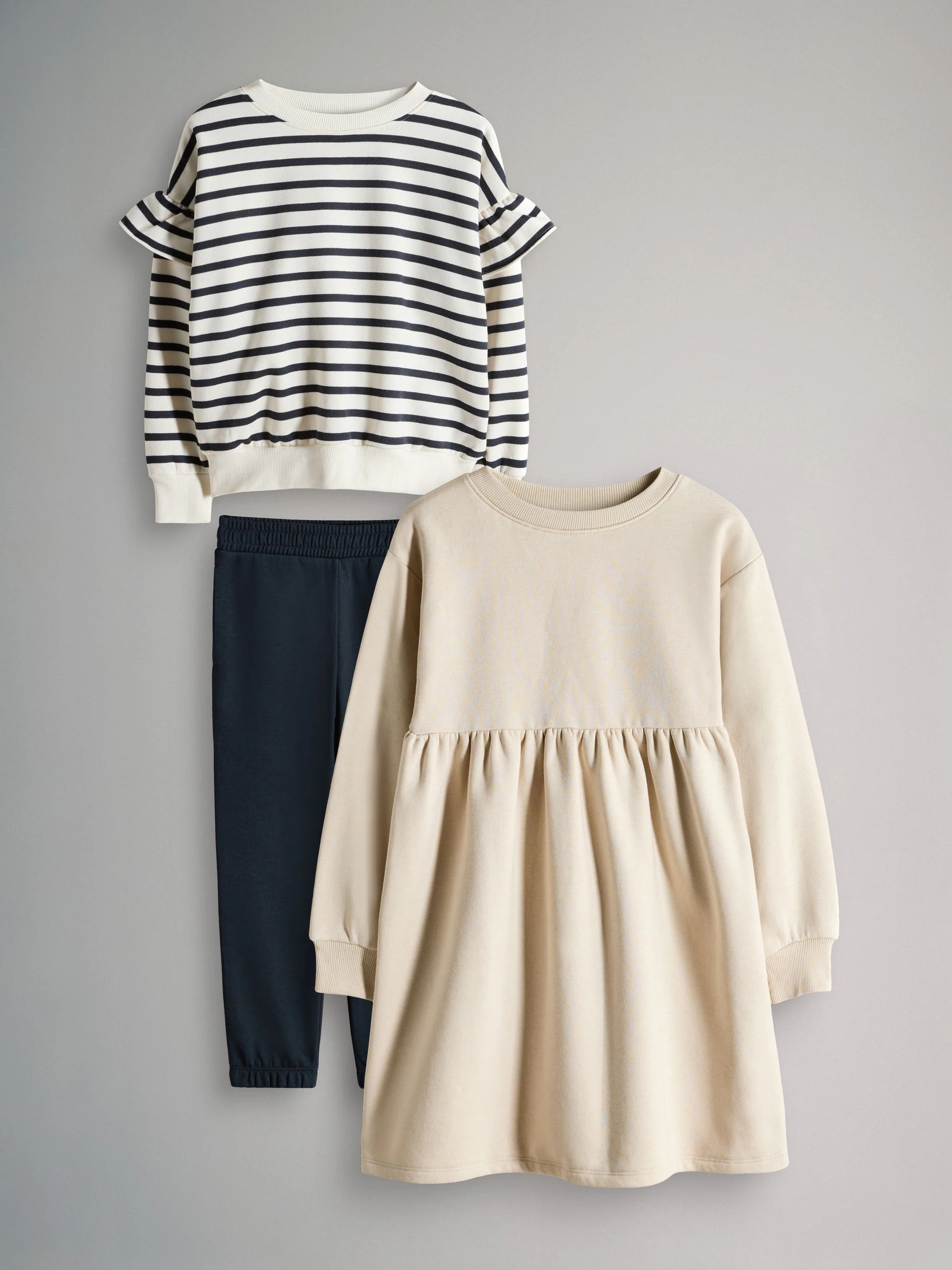 The Set 3 Pack Frill Crew Neck, Sweat Dress & Cuffed Joggers Set