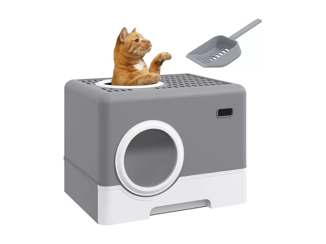 Maison de toilette chat porte battante et haute pelle PP gris blanc
