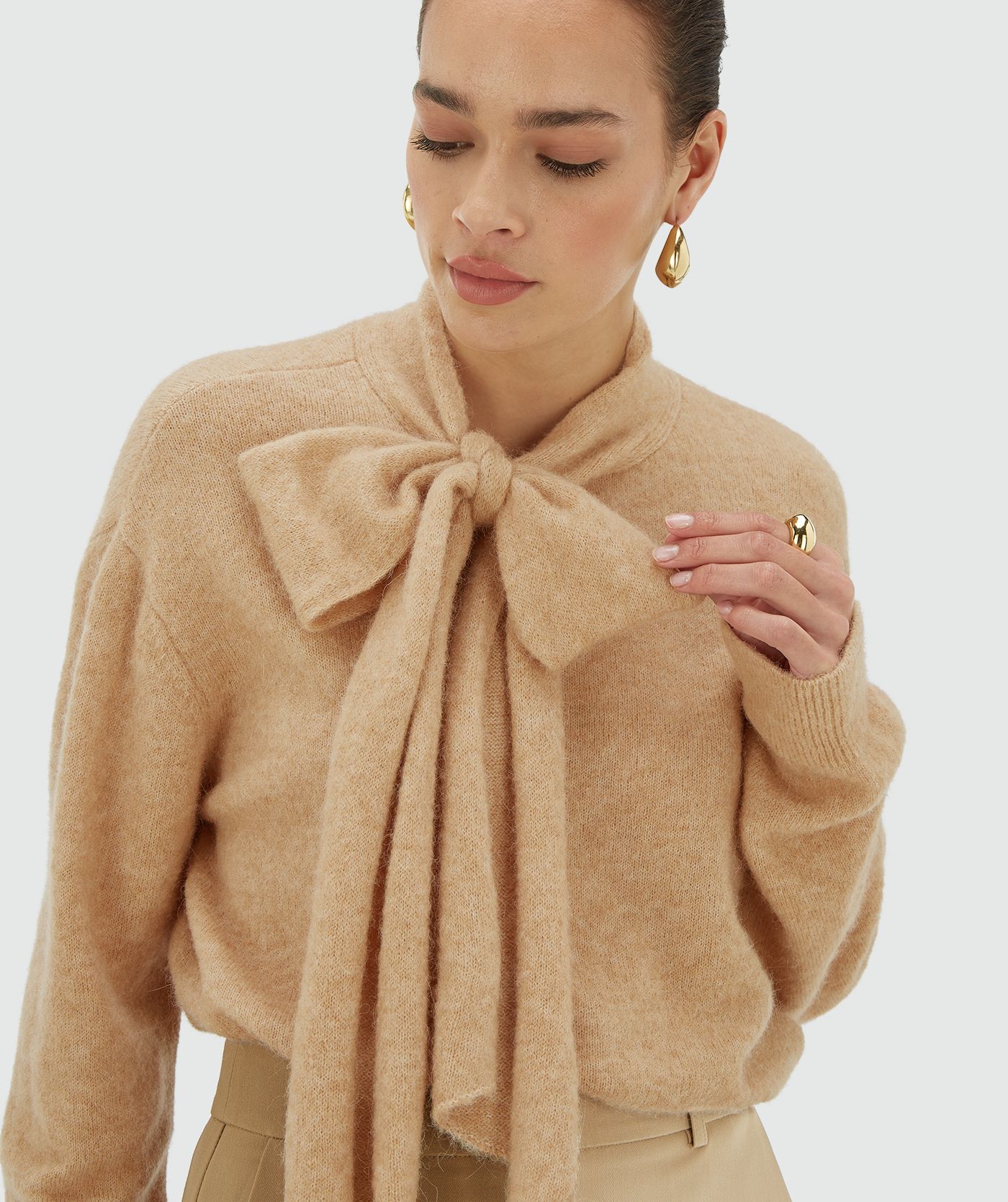 JV-PEMMA regular fit trui met merinowol - light brown melange