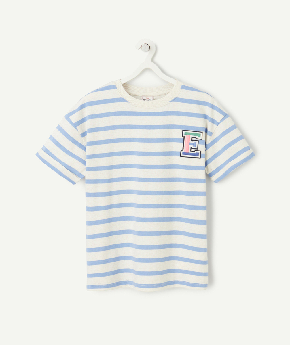 t-shirt manches courtes garçon en coton bio avec rayures et patch brodé