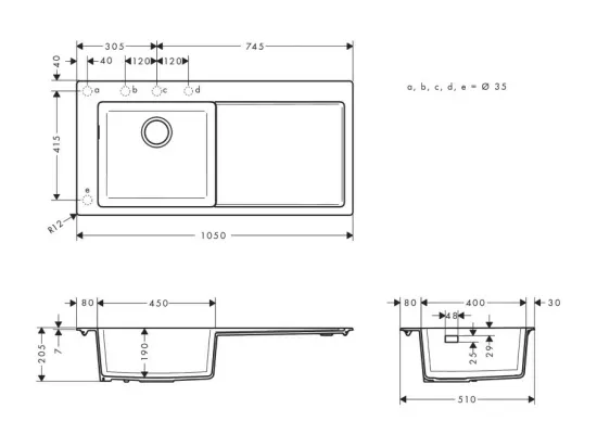 Evier à encastrer 1 bac HANSGROHE S51 450 égouttoir à droite sans vidage noir graphite
