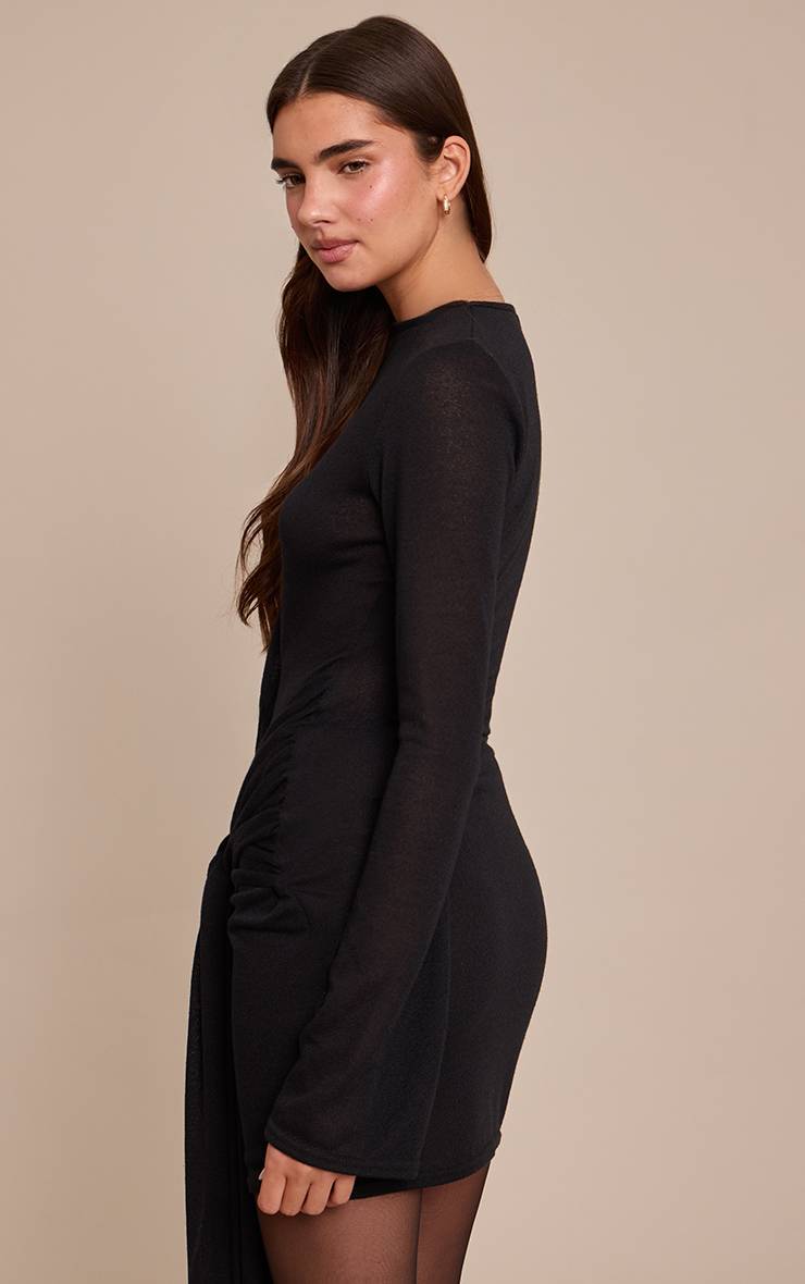 Noir Robe Moulante En Jersey Texturé Avec Taille Cache-cœur