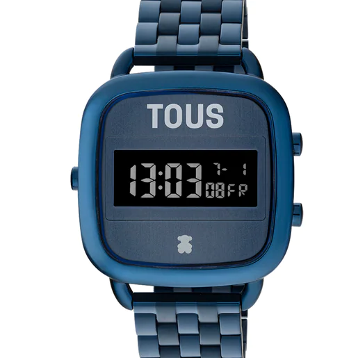 Relógio digital com pulseira em aço IP azul e logotipo D.