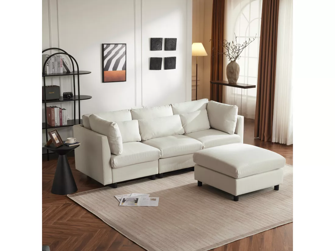 Canapé d'angle 3-4 places, meubles rembourrés en forme de L, tissu en lin, 220x83x81cm, beige