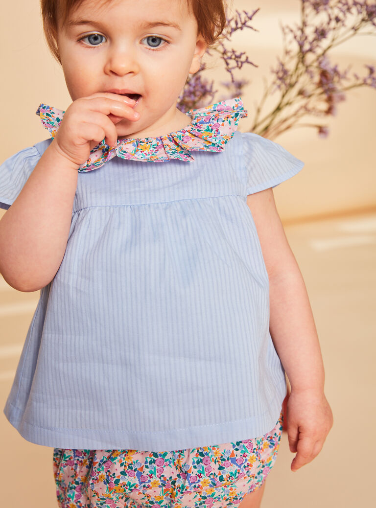 Blouse et bloomer ciel à imprimé fleuri et à rayures