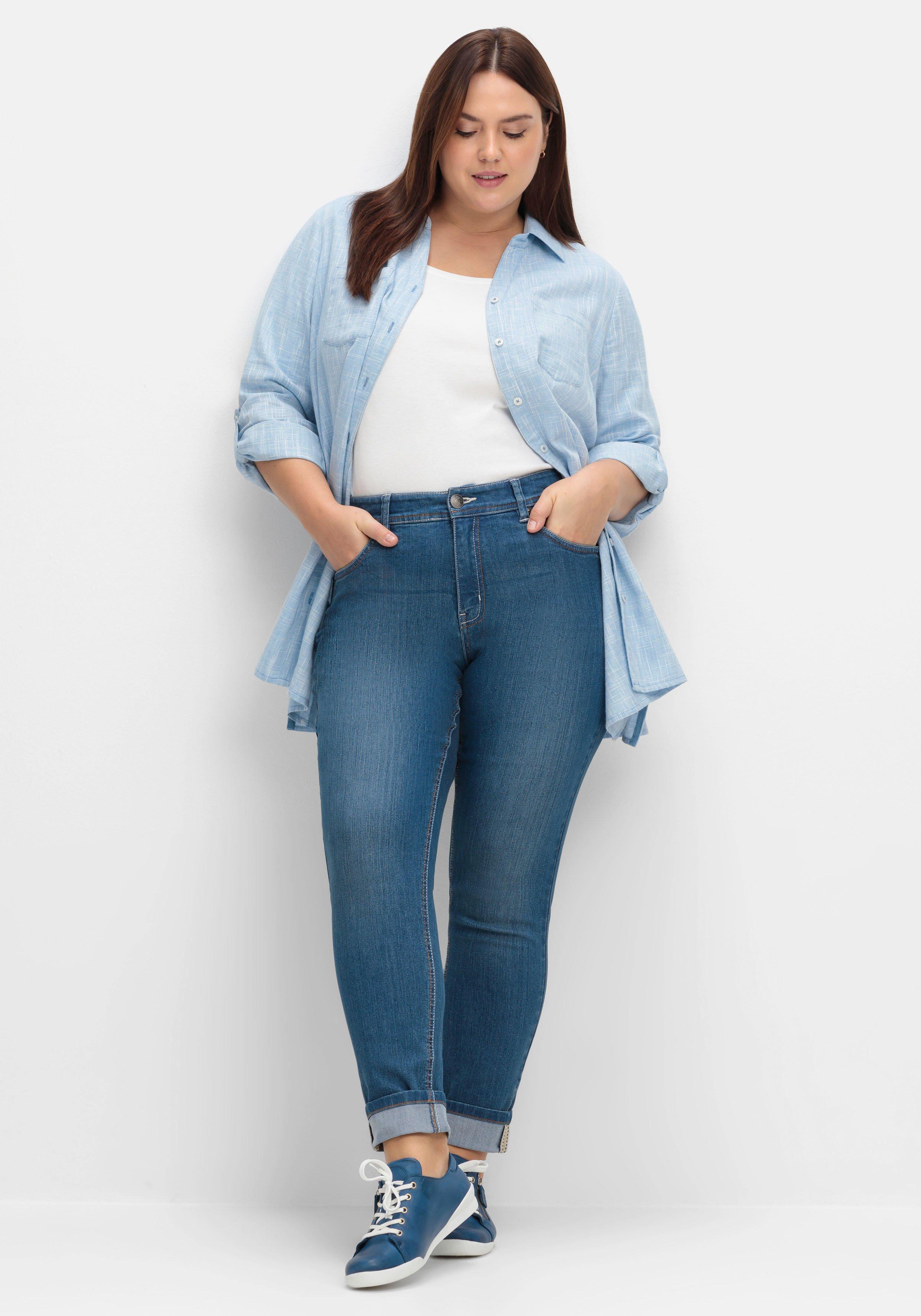 Lange Bluse mit Krempelärmeln, in Leinenoptik