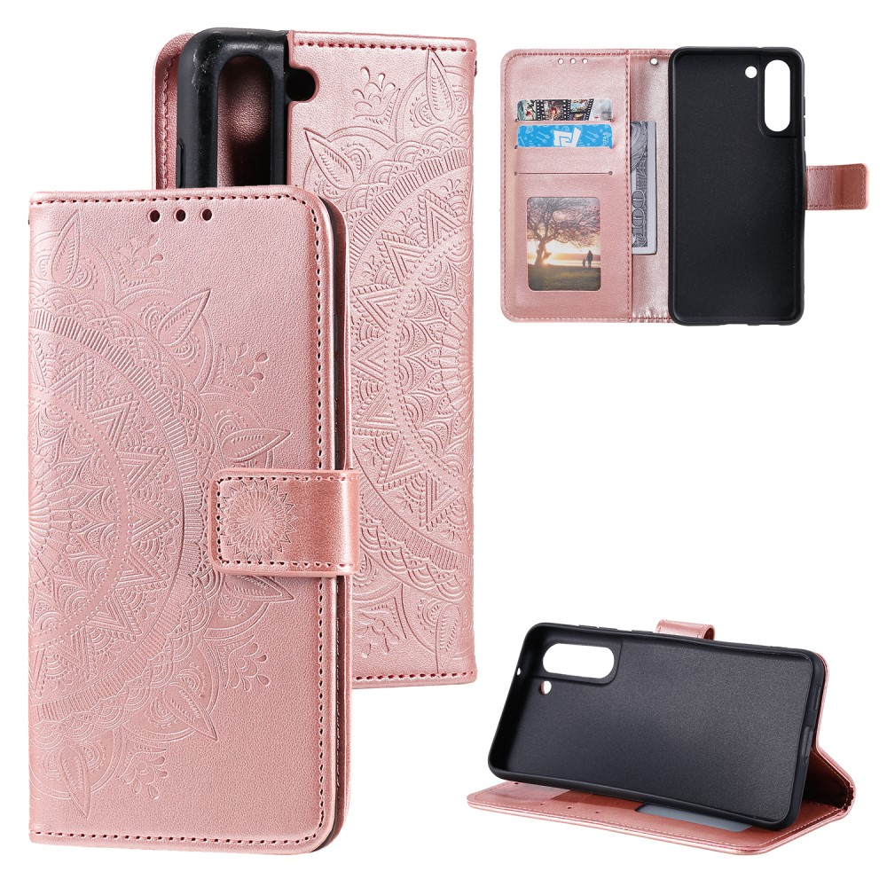 Samsung Galaxy S21 FE 5G Leder Tasche Wallet - Mandala Flowers Imprint - Roségold