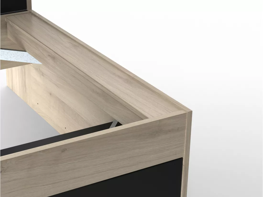 Lit modulable 90 x 190/200 cm avec rangements - Noir et naturel + Sommier + Matelas - LIARA