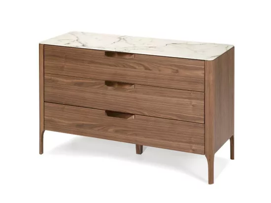 Commode bois noyer et plateau en marbre céramique blanc Mykal
