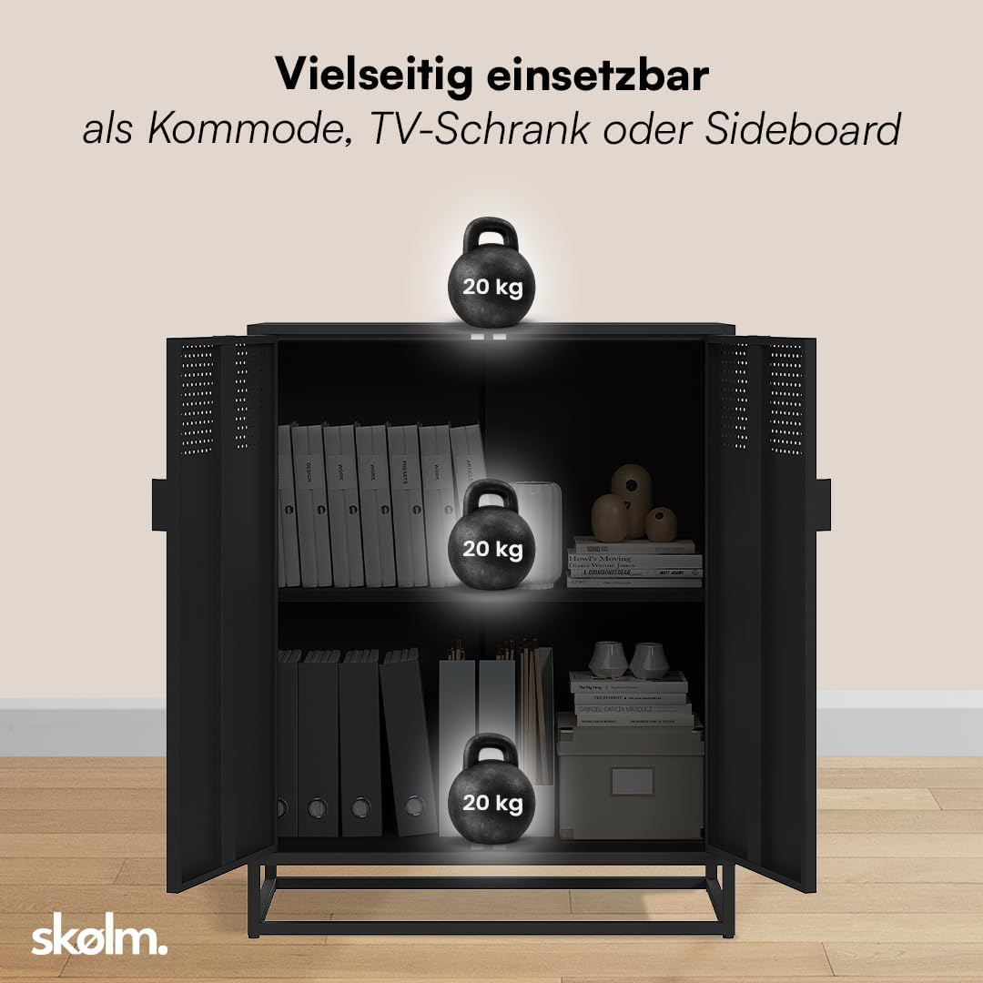 skølm Izar Metall Kommode – Wohnzimmerschrank in Schwarz – Metallschrank mit 2 Fächern & Doppeltüren – Sideboard für Wohnzimmer – Mehrzweckschrank 80 cm breit – Highboard Industrial Style