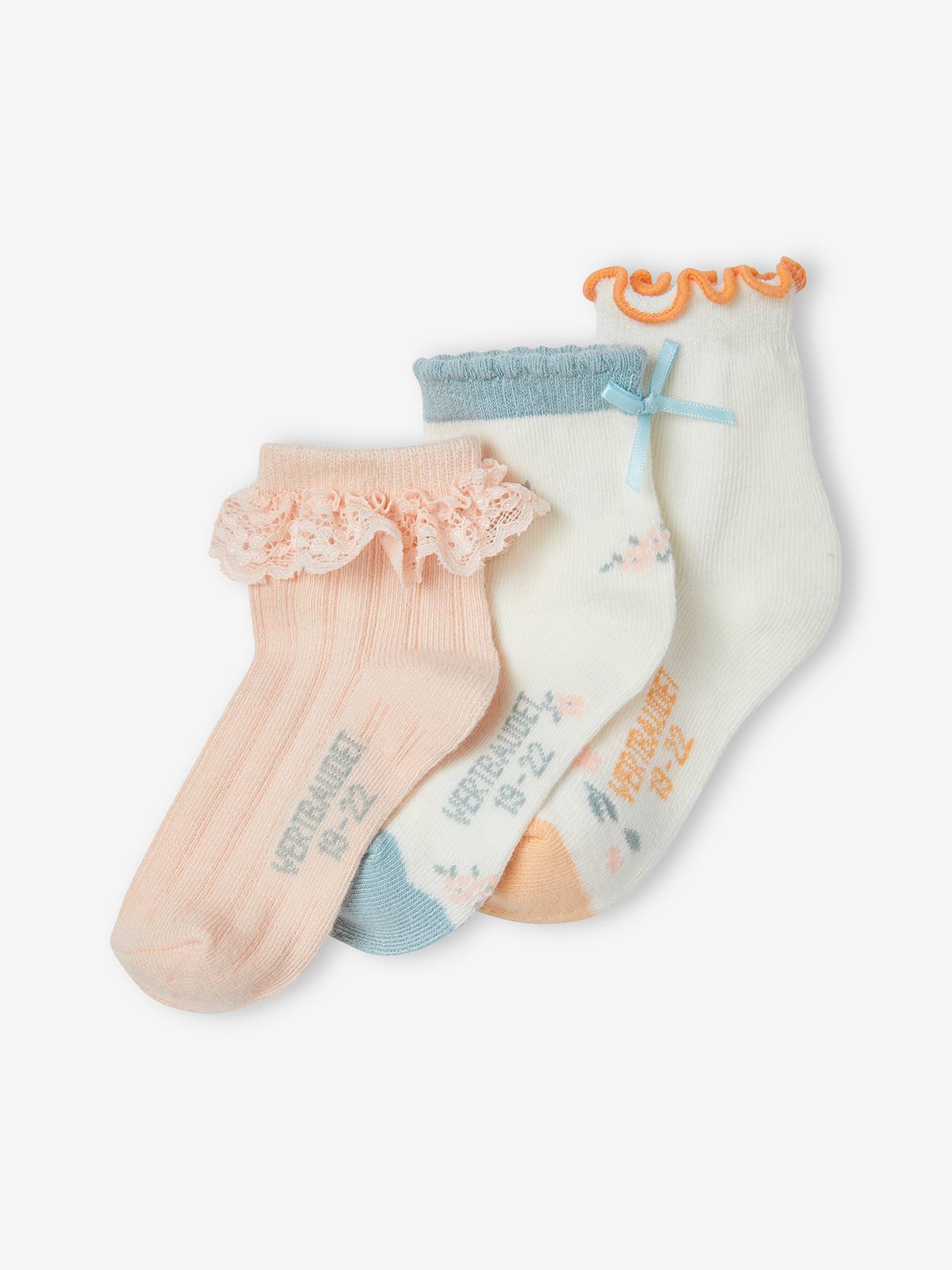 Pacote com 3 pares de meias decorativas para bebê menina, rosa claro.