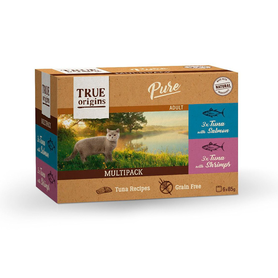 latas de 85g de Atum Puro True Origins com Salmão e Camarão ao molho para gatos