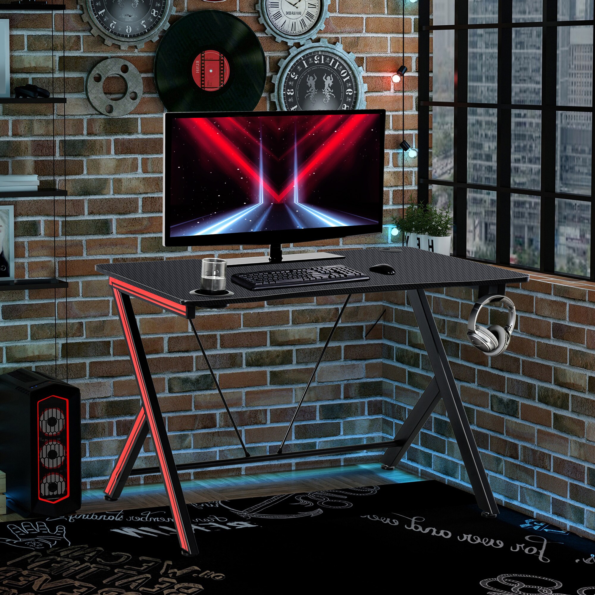 HOMCOM Gamingtisch mit Headset-Haken und Getränkehalter schwarz 105 x 55 x 75 cm (LxBxH)