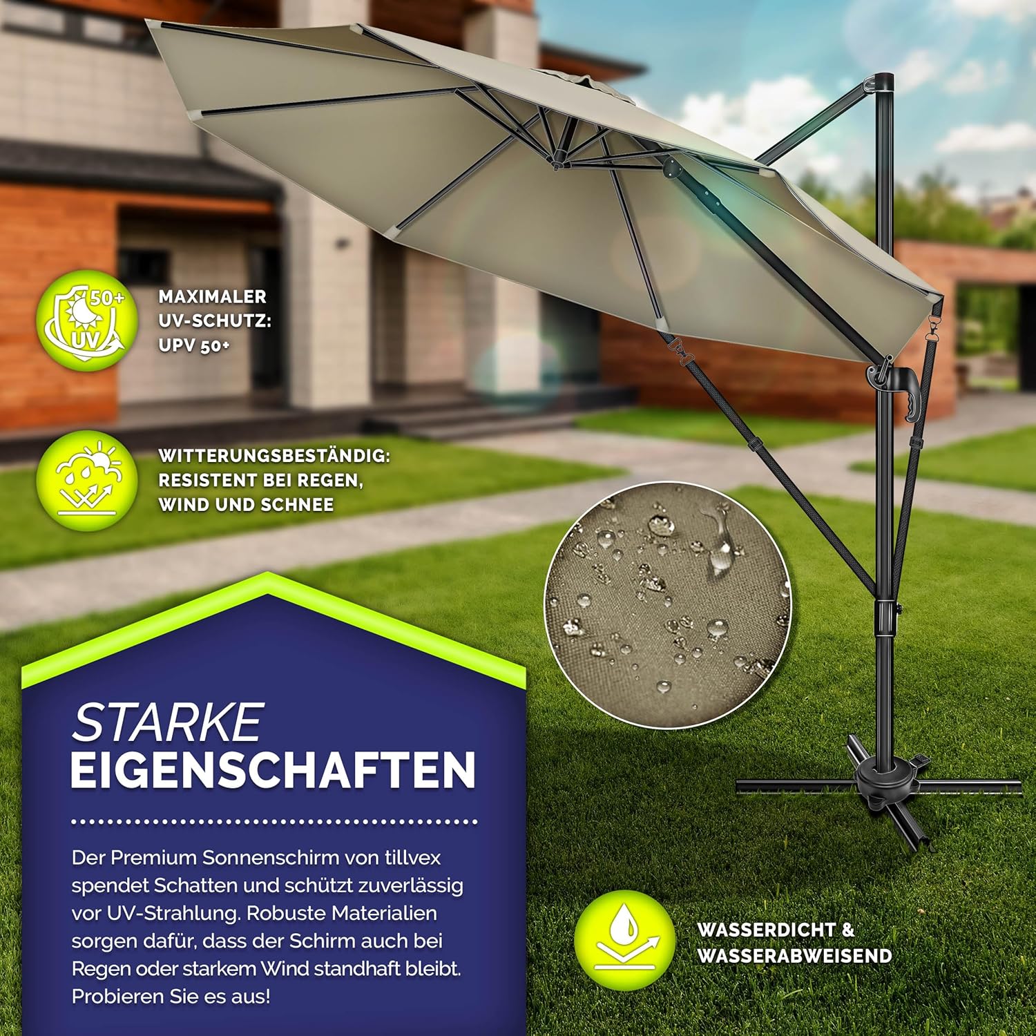 tillvex® Premium Alu Sonnenschirm 330 cm + Abdeckung & Windsicherung | Ampelschirm 6-Fach verstellbar mit Kurbel | Gartenschirm 360° Drehbar Neigbar Kippbar | UV50+ wasserdicht