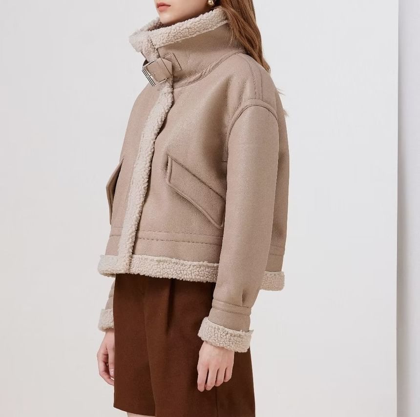 Overing - Lange mouwen imitatieleren fleece jas met rits