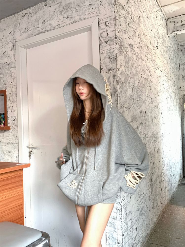 Trendycas - Effen distressed hoodie met rits / mini-kokerrok met trekkoord in de taille