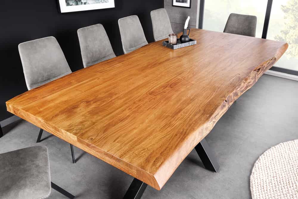 Massivholz Esstisch MAMMUT 200cm Akazie schwarz Metall Baumkante 5cm Tischplatte