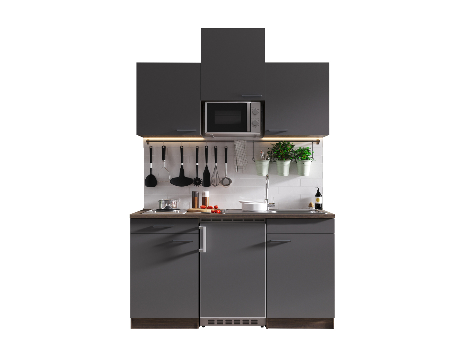 RESPEKTA Singleküche OLIVER - grau - Eiche York - mit E-Geräten - 150 cm